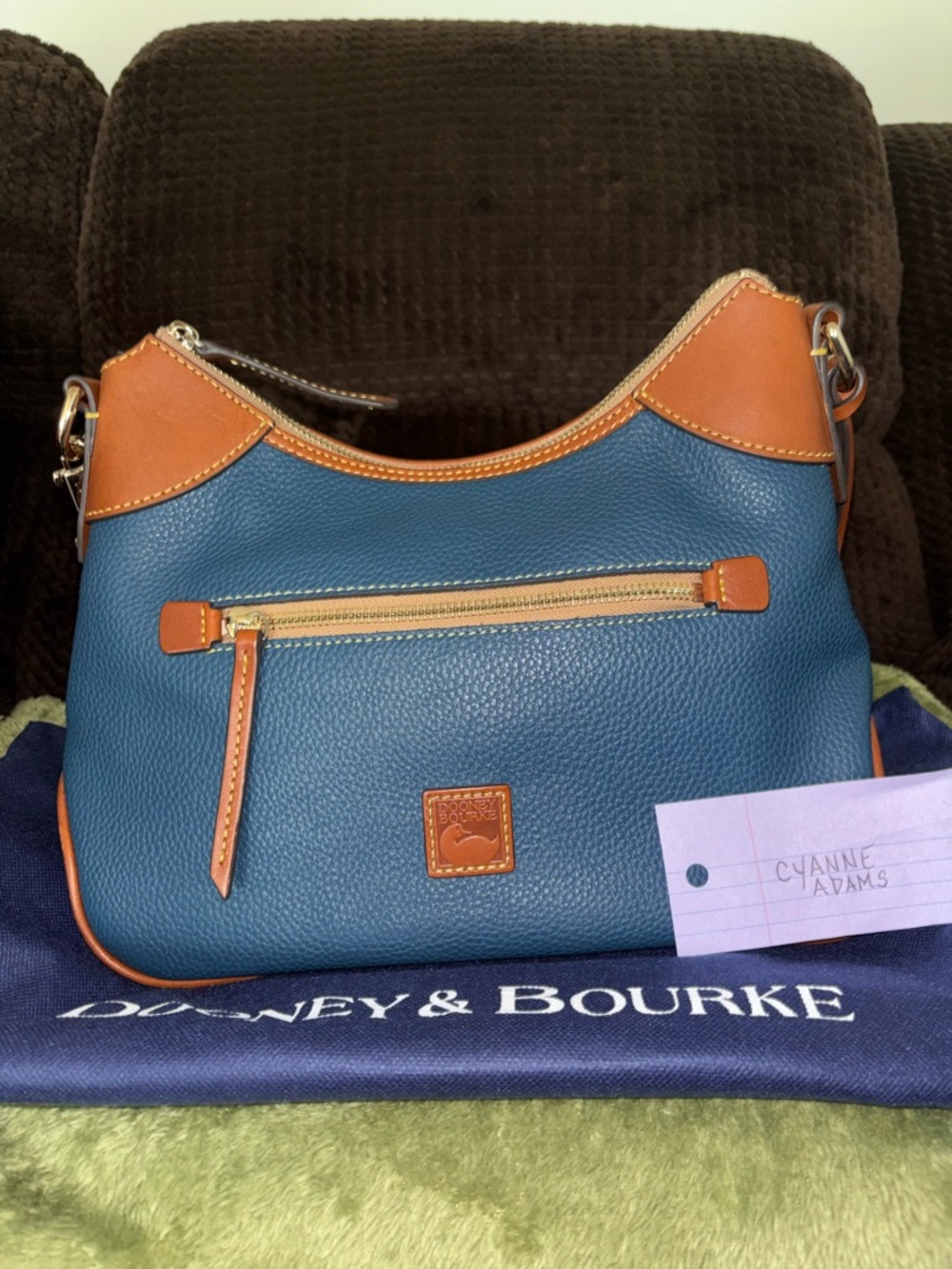 Dooney & Bourke Pebble Grain Blue Brown Hobo Shoulder Bag with Logo Charm & Zip
